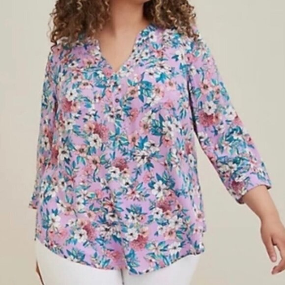 Torrid Blouse Women's Size 5X Purple Harper Pullover Challi Floral Roll-Tab NWT - Picture 1 of 16